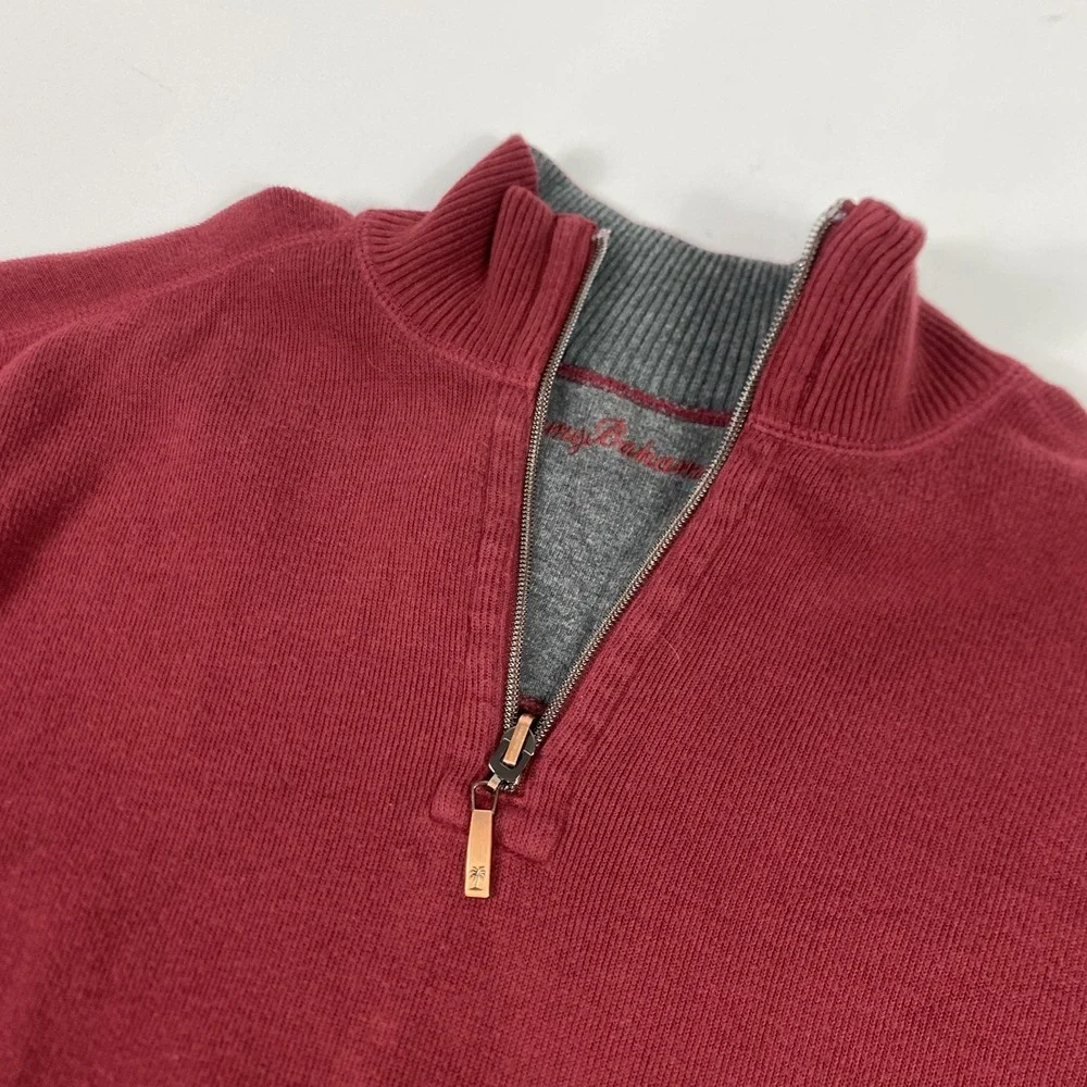 Tommy Bahama Sweater Mens Burgundy Red Grey 1/4 Zip Pullover Reversible